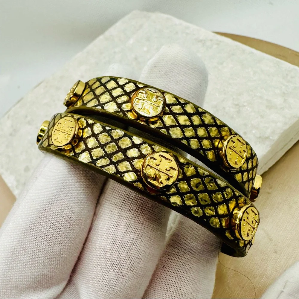 EUC Tory Burch Miller Stud Double Wrap Metallic Gold Exotic Snakeskin Bracelet